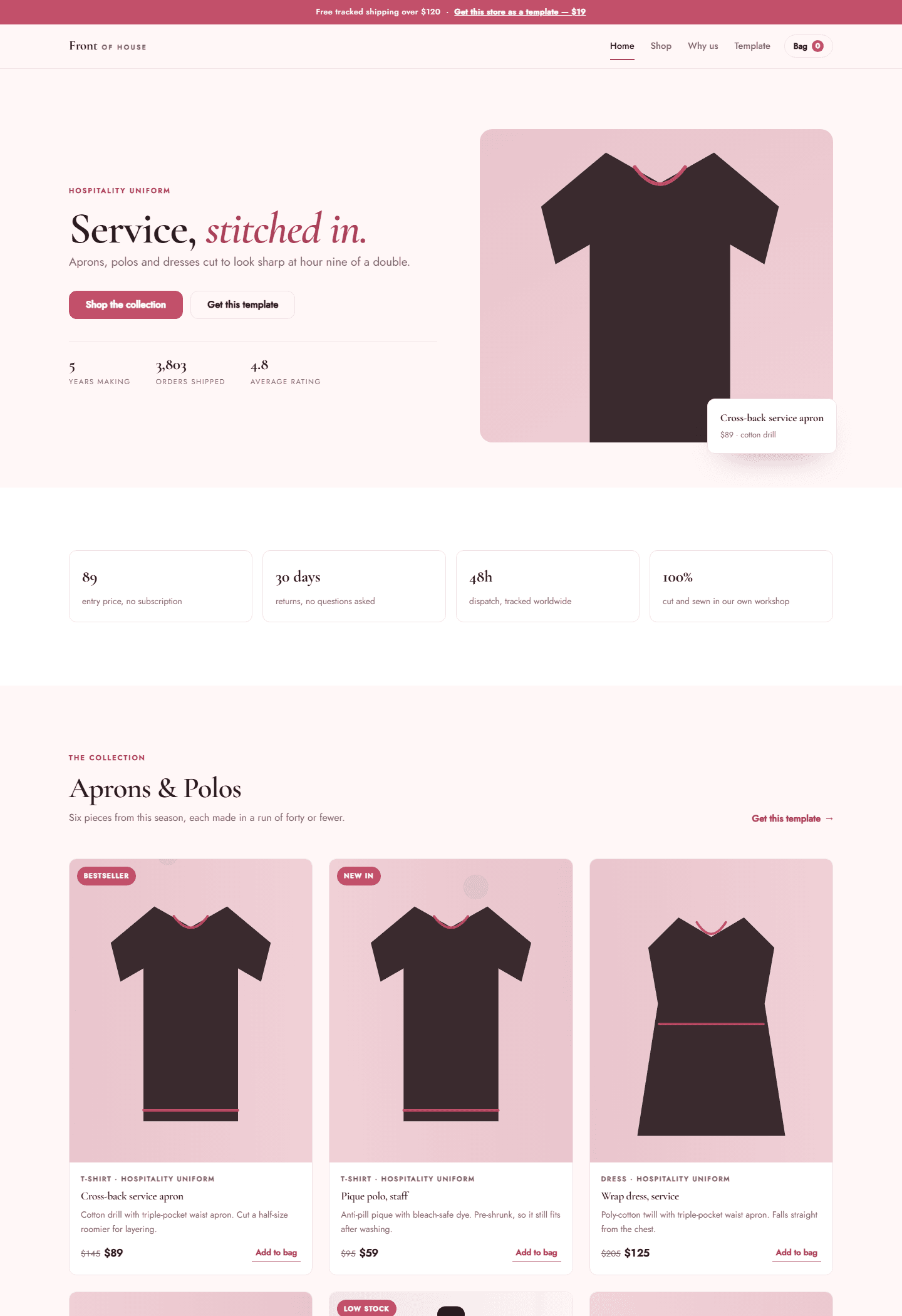 Front-end landing page mockup for a hospitality uniform store template with shirt product cards in HTML CSS JS style