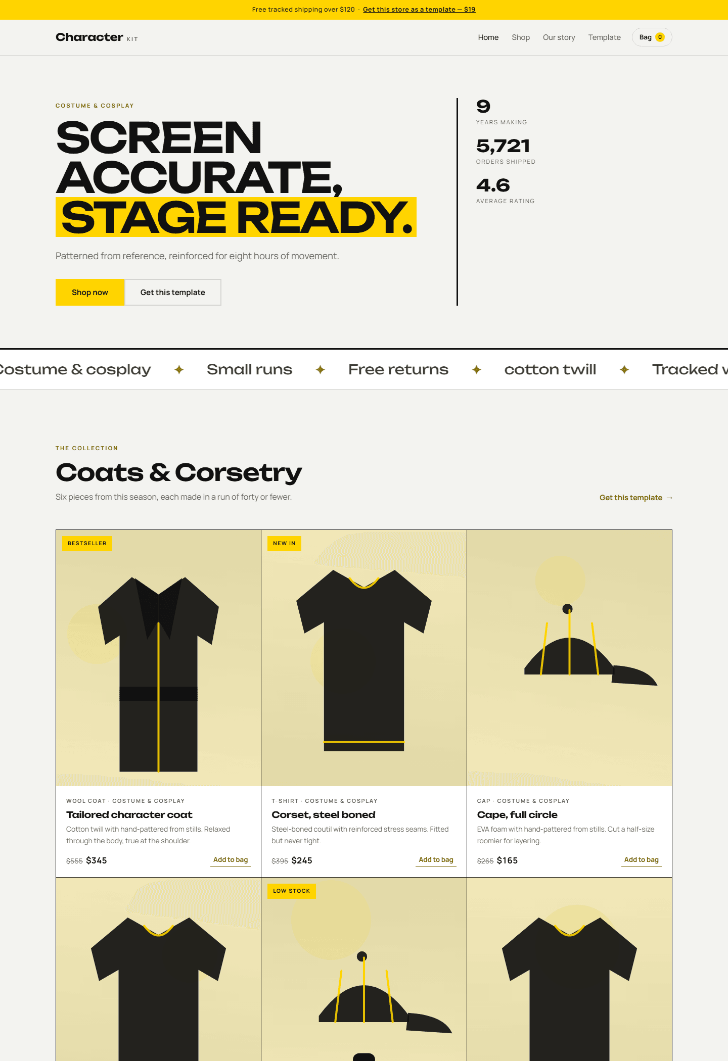 E-commerce HTML CSS JS costume and cosplay character kit store template webpage with hero banner and product grid