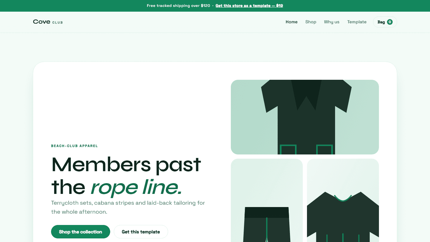 Cove Club beach-club apparel store template webpage mockup with product hero section and navigation bar
