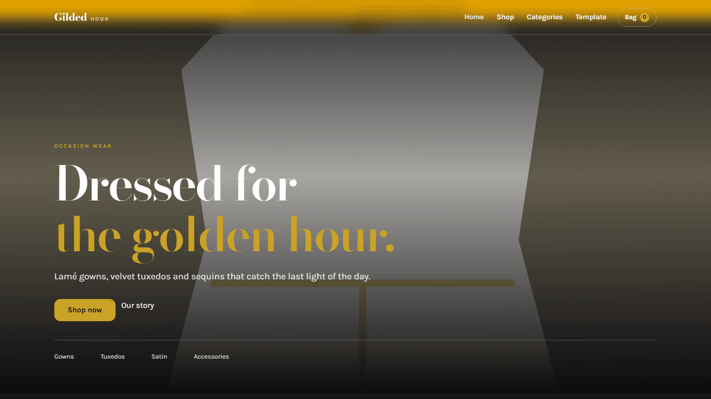Gilded Hour fashion store website template hero section with header, navigation, buttons, and promotional text