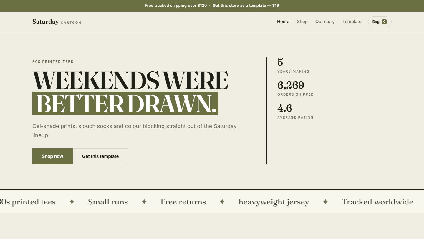 An HTML CSS JS e-commerce store template page for Saturday Cartoon featuring 80s printed tees headline and stats