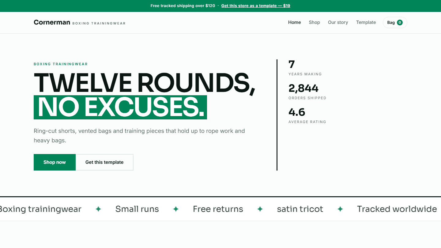 Cornerman boxing trainingwear HTML CSS JS store template hero section with slogan and stats on a webpage screenshot