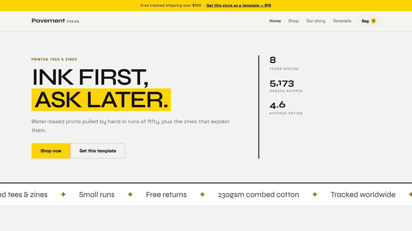 Web store template preview for Pavement Press with hero banner, buttons, and stats section for printed tees and zines