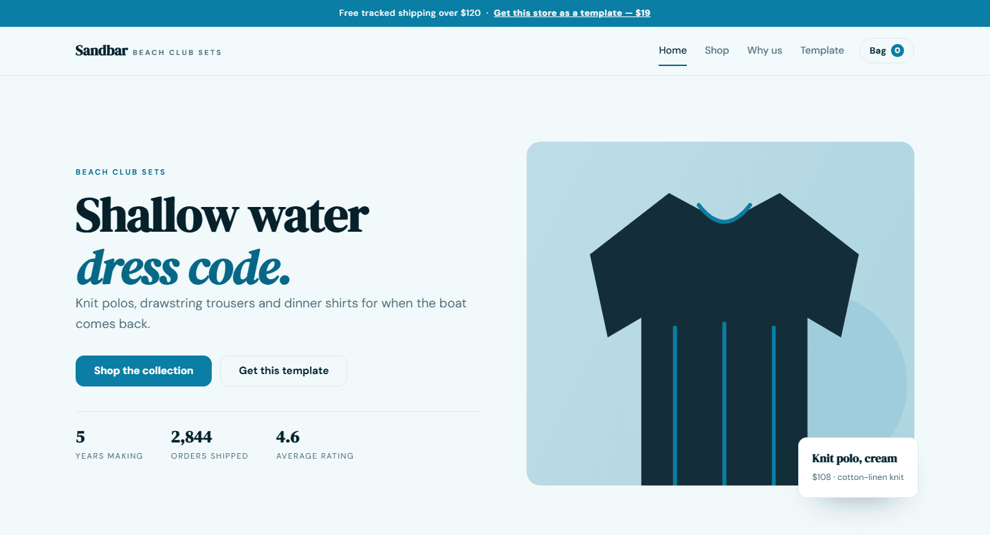 Sandbar beach club sets store template landing page with product hero graphic and navigation in HTML CSS JS