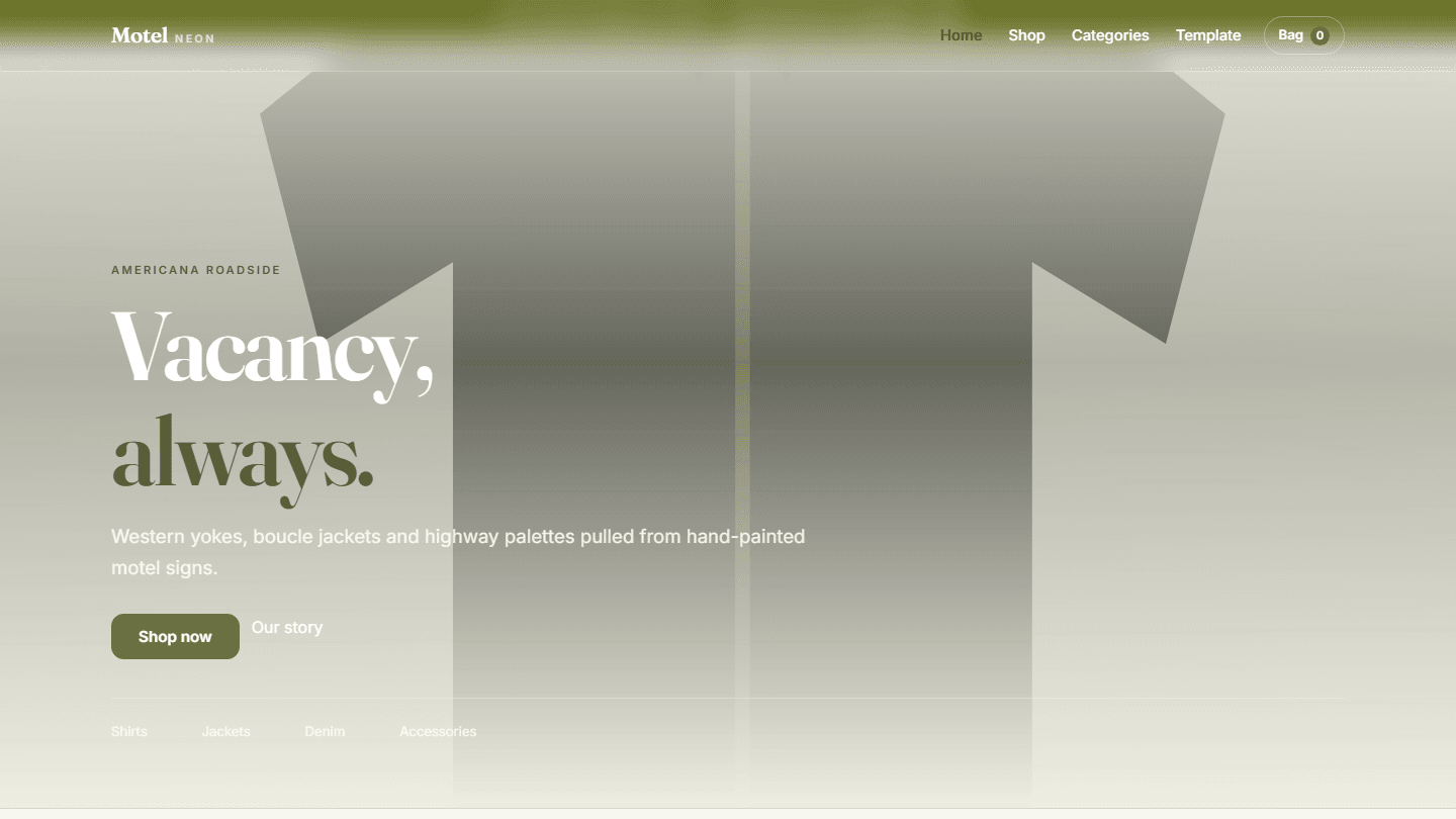 Americana roadside store website template hero section with navigation and “Vacancy, always” text in HTML CSS JS design
