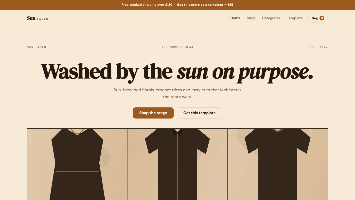 Sun Faded e-commerce store template screenshot with 70s summer wear hero text and clothing product tiles