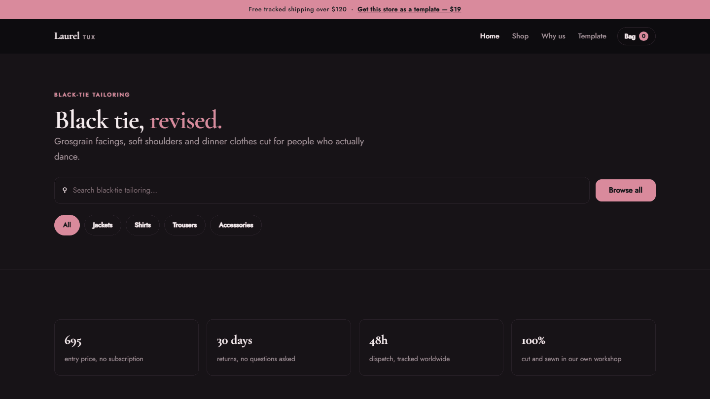 Laurel Tux black-tie tailoring store template landing page with navigation, search bar, filters, and product info cards