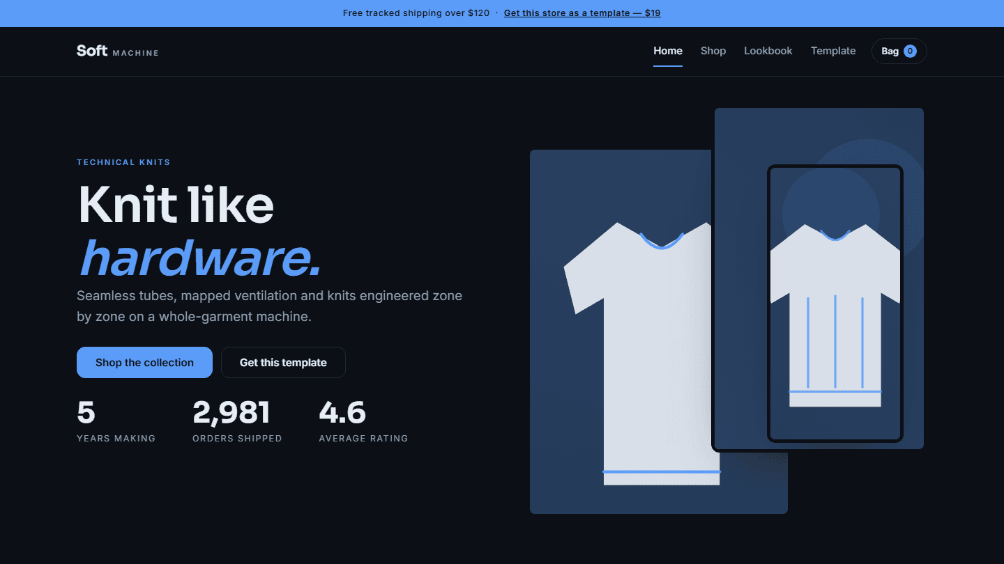 Dark ecommerce store homepage hero for Soft Machine technical knits, HTML CSS JS template with product icons and stats