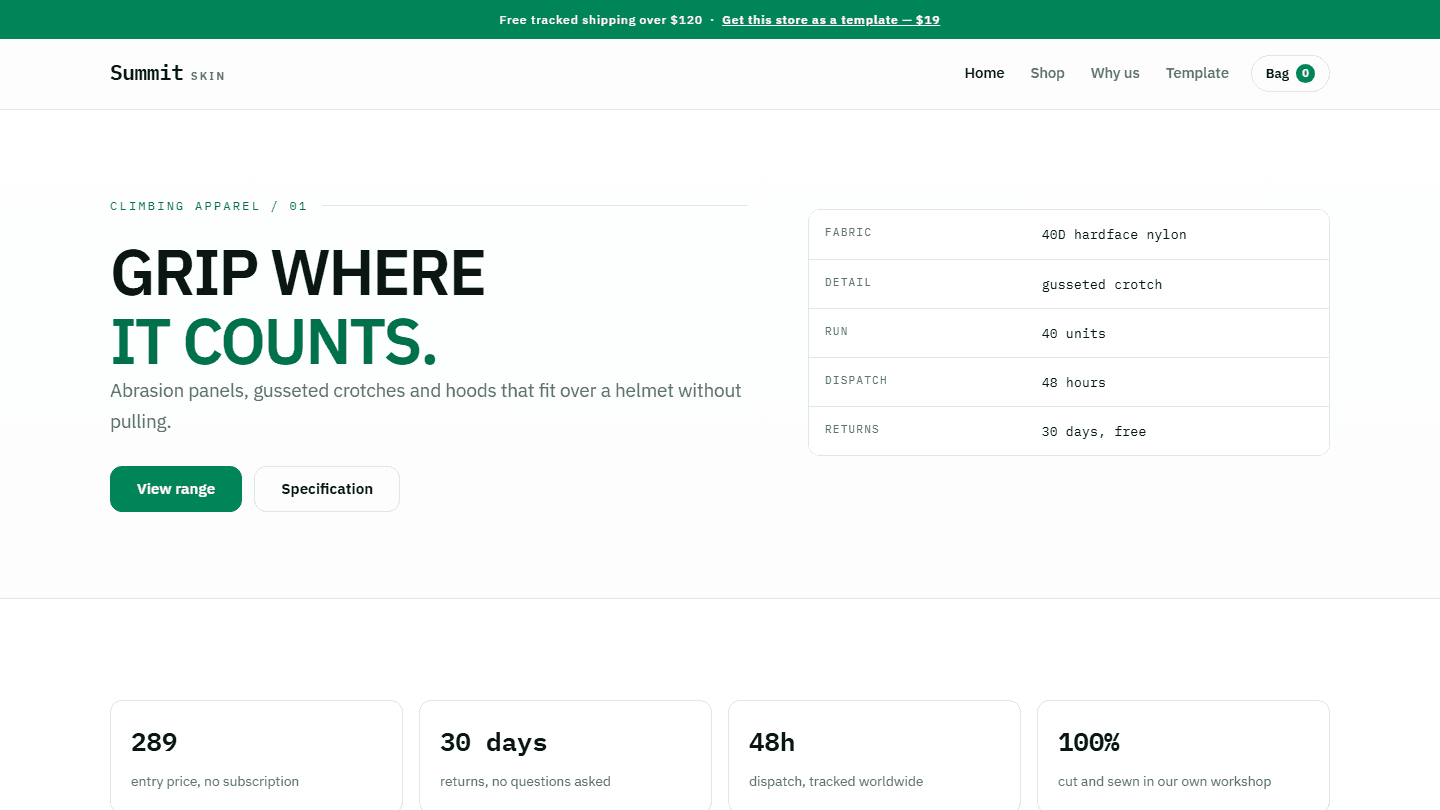 Climbing apparel e-commerce store template webpage with hero text, specification table, and navigation bar