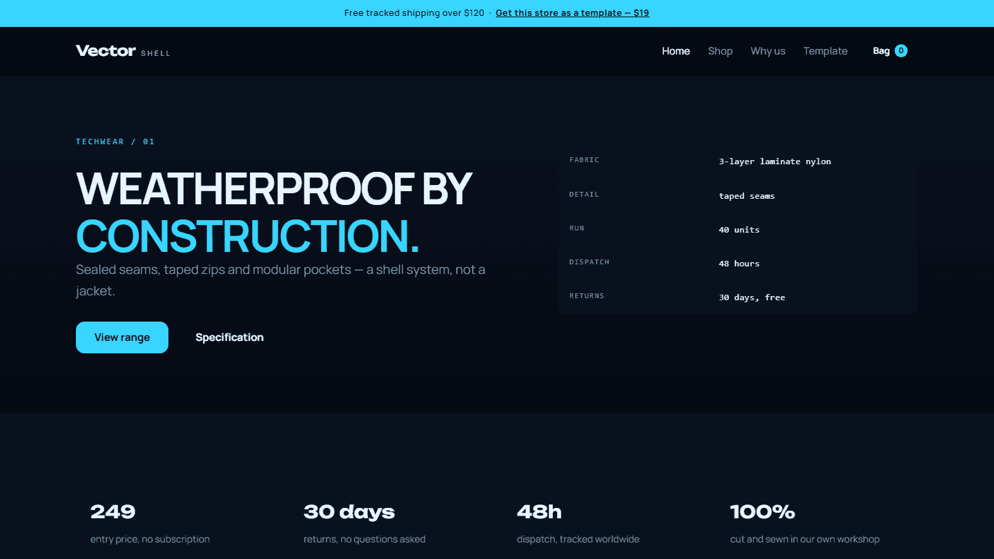 Techwear e-commerce HTML CSS JS store template UI with dark header, product hero text, and specification card layout