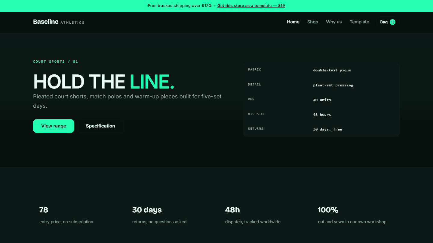 Sports eCommerce store template webpage hero section with Baseline Athletics branding and HTML CSS JS layout
