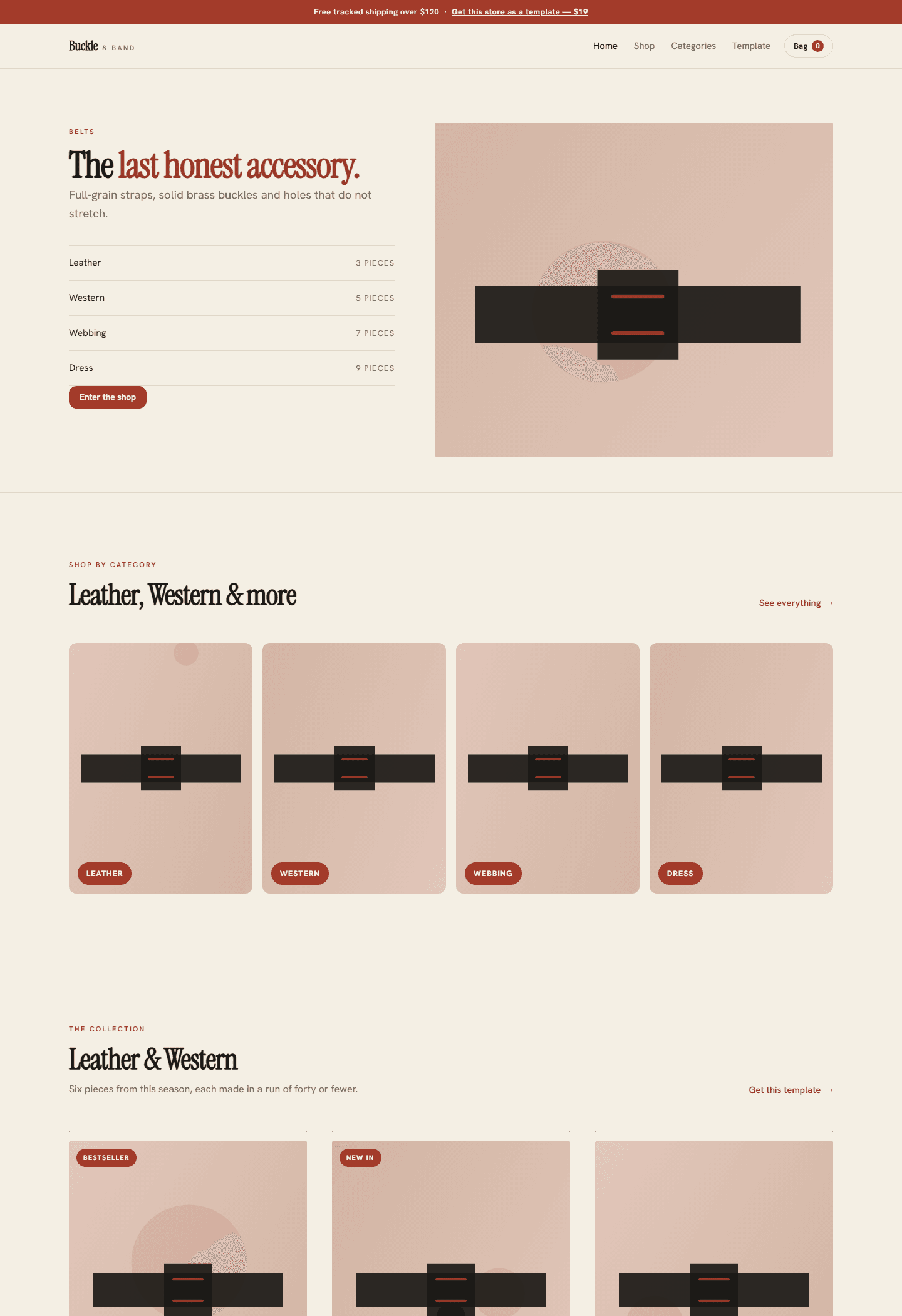 Buckle & Band ecommerce store template preview with belts hero banner and category cards, HTML CSS JS demo layout