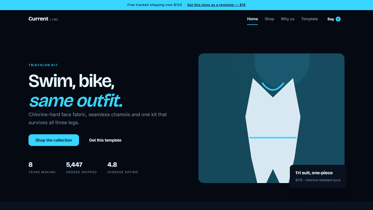 Dark web storefront hero section for a triathlon kit e-commerce HTML CSS JS store template