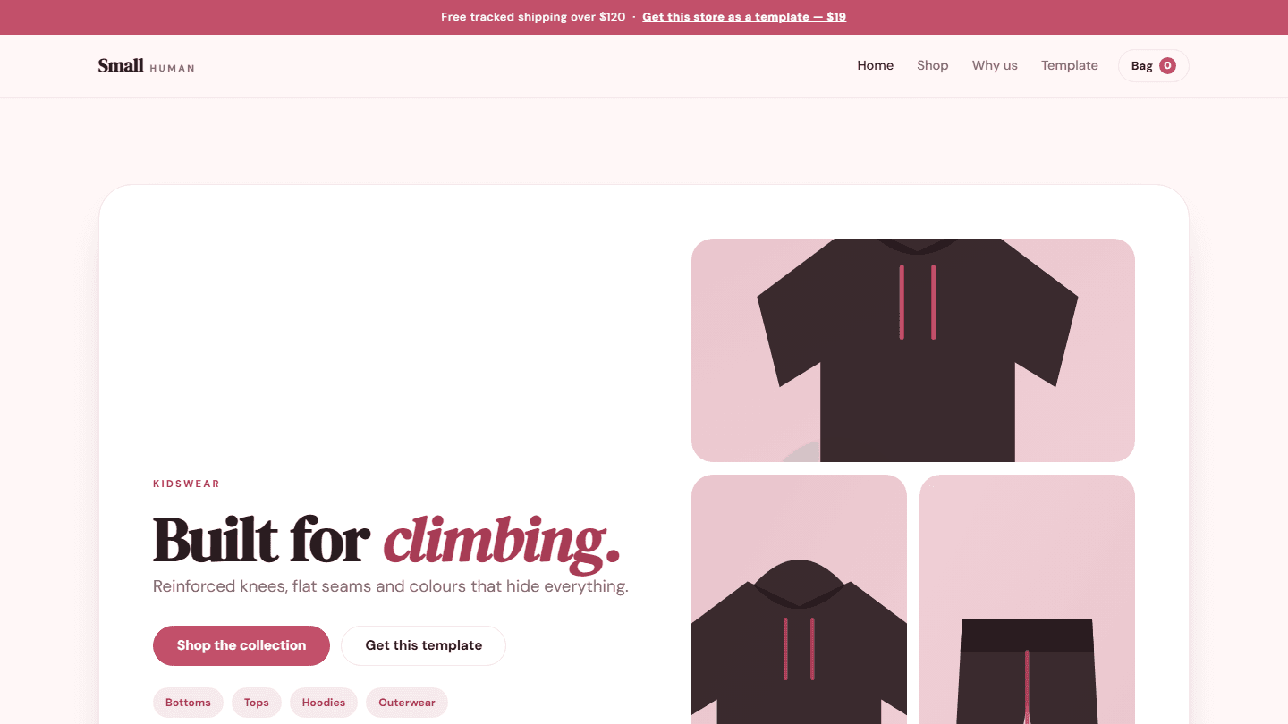 Kidswear store website template preview with header navigation and product hero clothing graphics