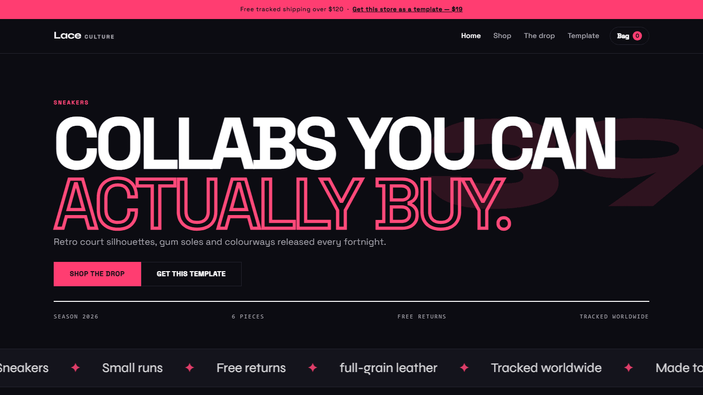 Sneakers store website hero banner for HTML CSS JS template with Lace Culture branding and call-to-action buttons