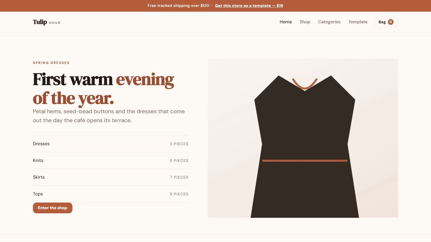 Tulip Hour spring dresses store template web design screenshot with dress product illustration and navigation bar