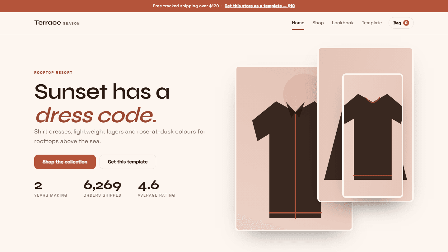 Terrace Season storefront landing page template showing hero section with product clothing mockups and buttons in HTML