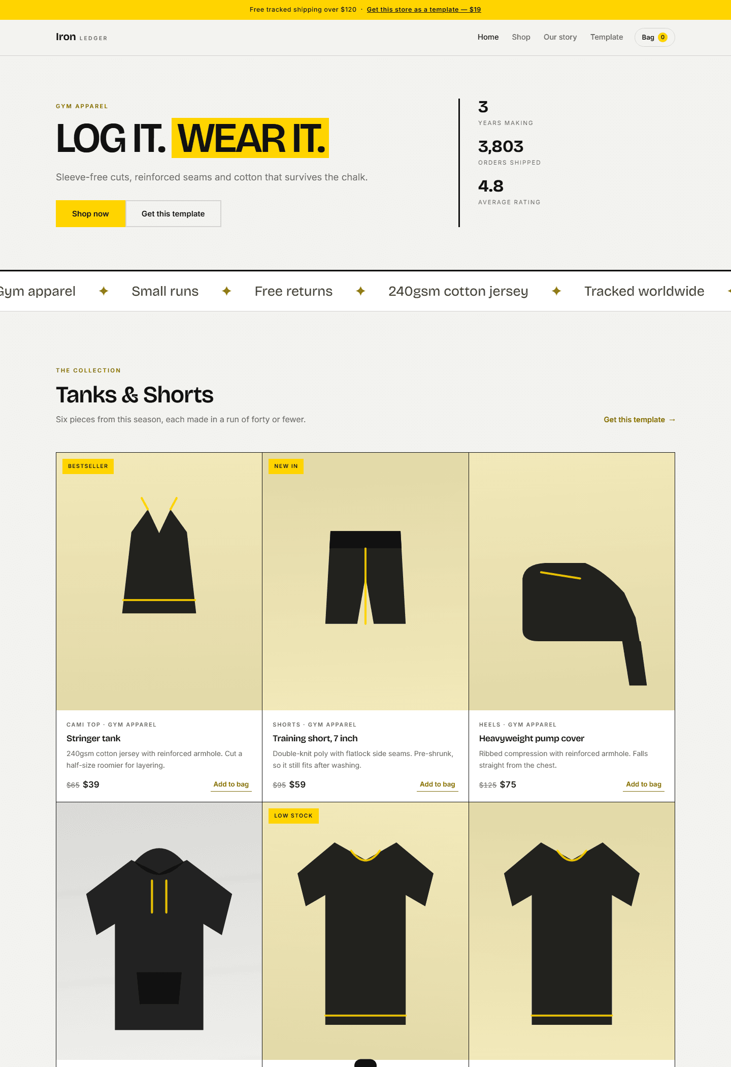 Iron Ledger gym apparel e-commerce store template screenshot with product grid in HTML CSS JS