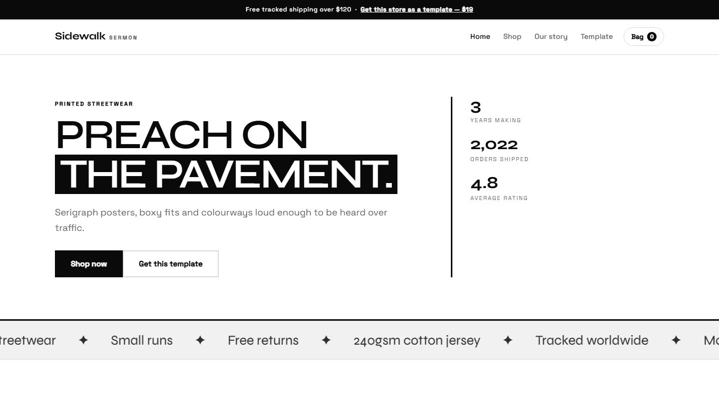 Streetwear storefront webpage for Sidewalk Sermon complete HTML CSS JS store template with hero headline and stats