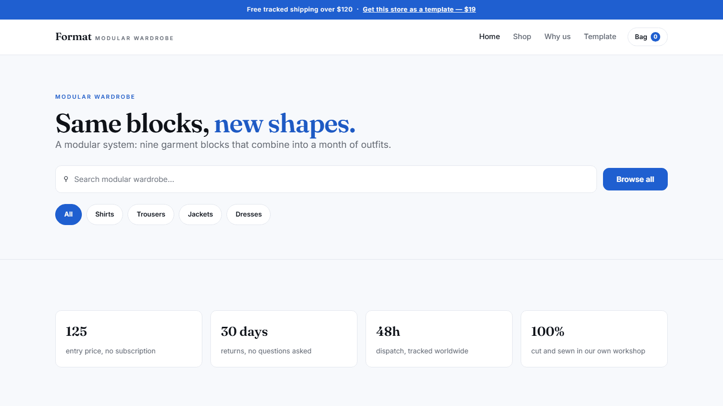 Modular wardrobe store HTML CSS JS template landing page with navigation, hero text, search bar, filter pills, and