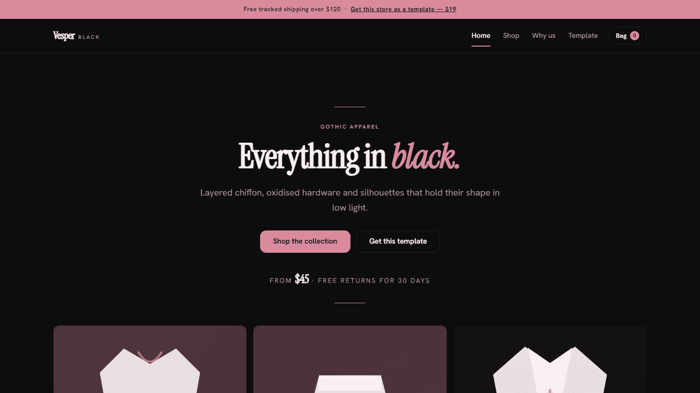 Gothic fashion e-commerce website template screenshot with Vesper Black branding and product grid in HTML CSS JS