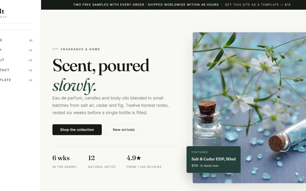 Fragrance and home store website template layout with product hero section, buttons, and featured Salt & Cedar EDP card