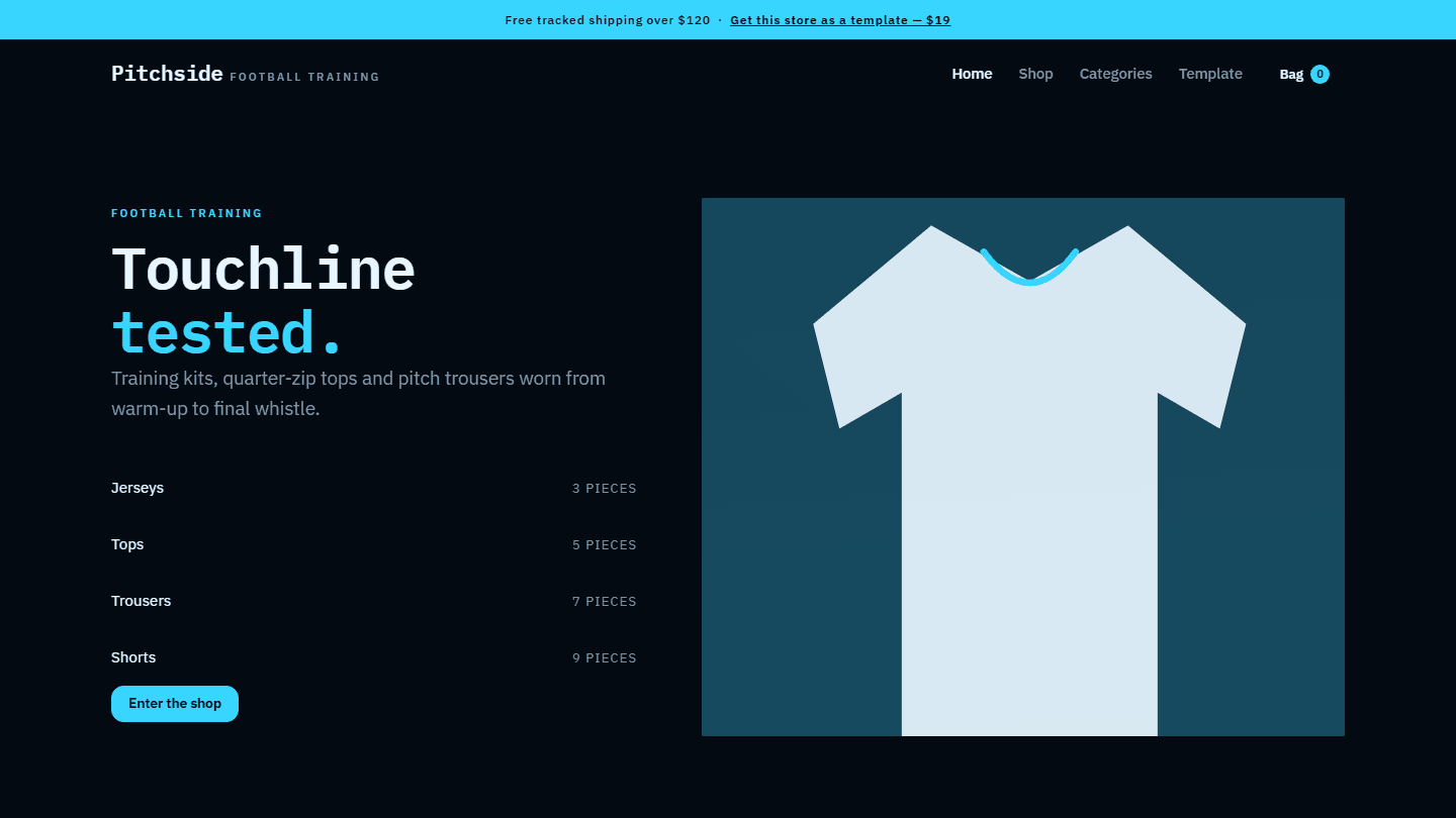 Football training store webpage template design with Pitchside header and a folded jersey graphic