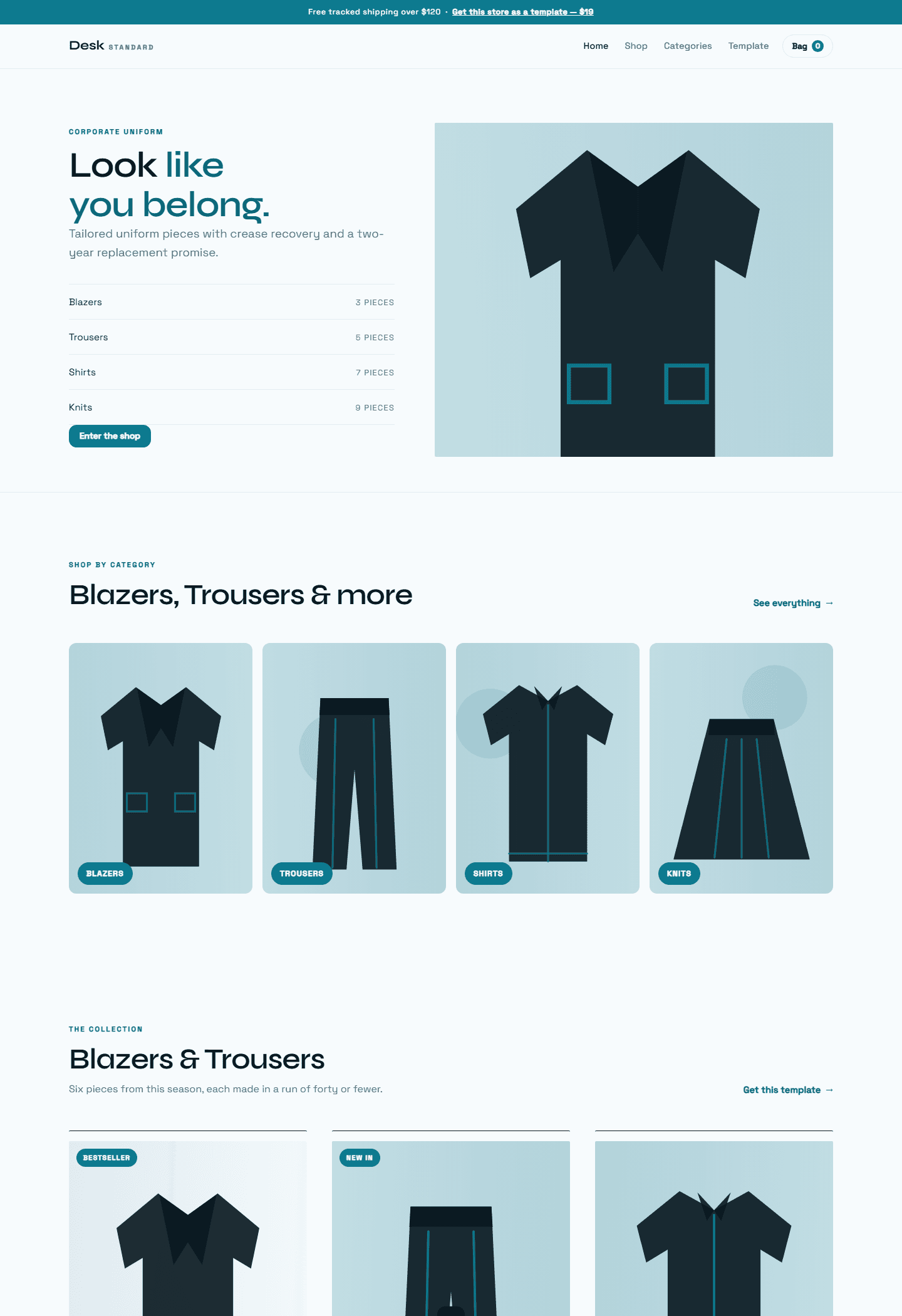 Corporate uniform store landing page template UI with HTML CSS JS, showing category sections and clothing silhouettes