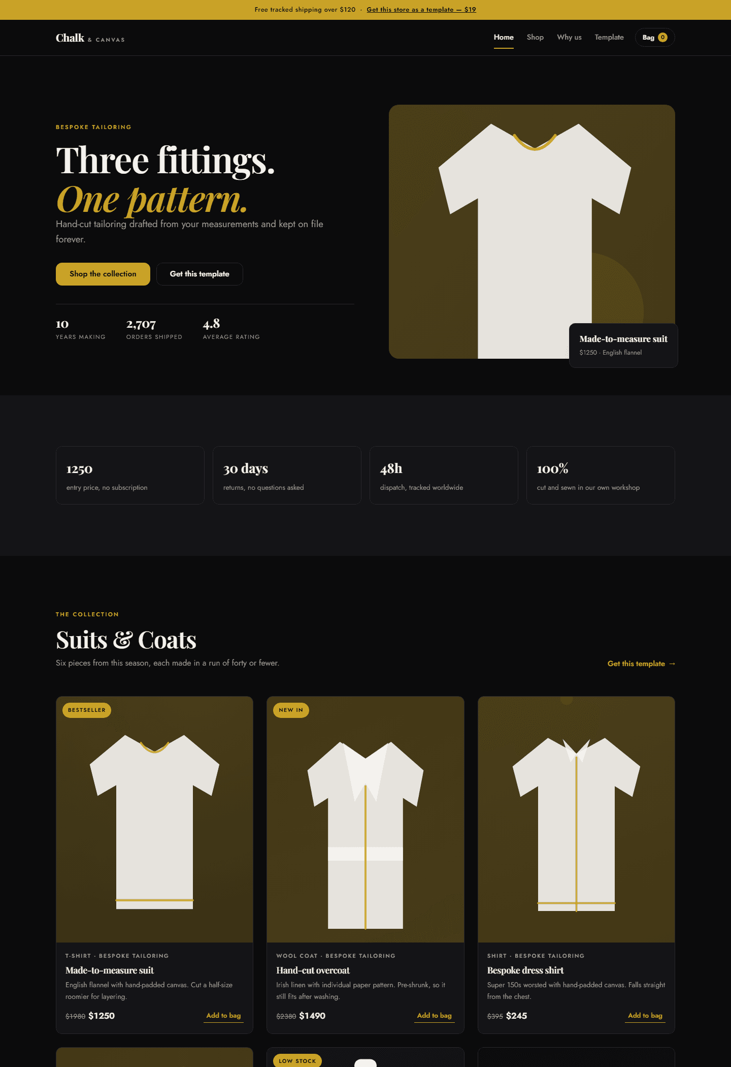 Chalk & Canvas bespoke tailoring store template preview showing dark HTML CSS JS homepage with product cards and shirt
