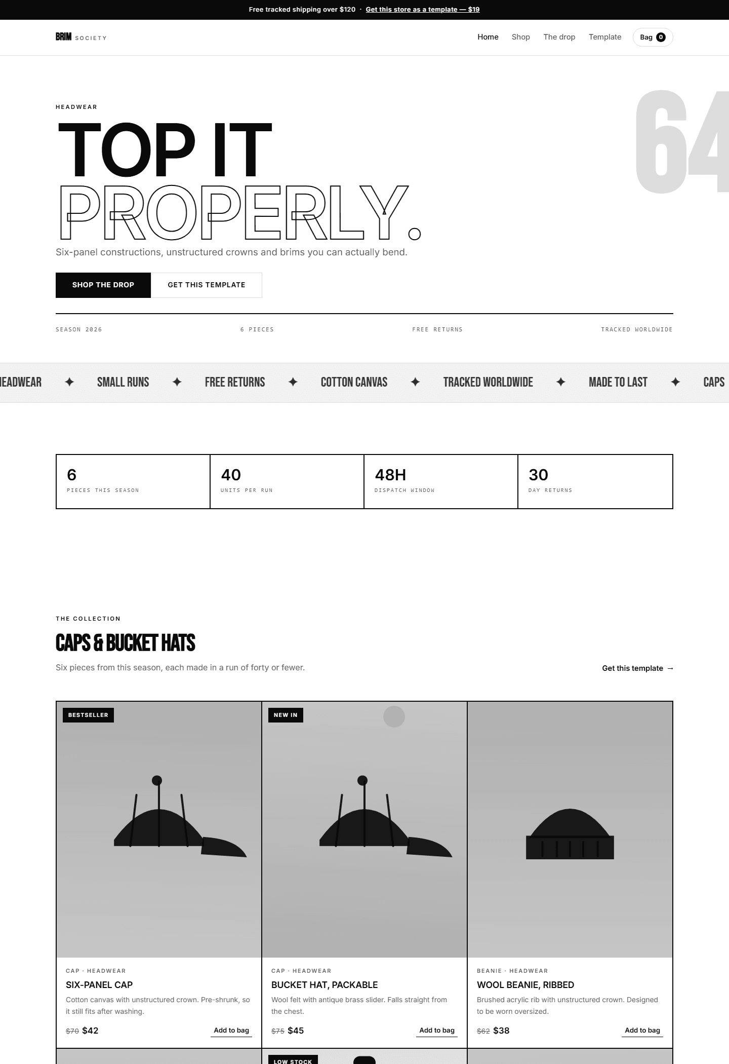 Brim Society e-commerce headwear website template screenshot with homepage banner and product grid HTML CSS JS design