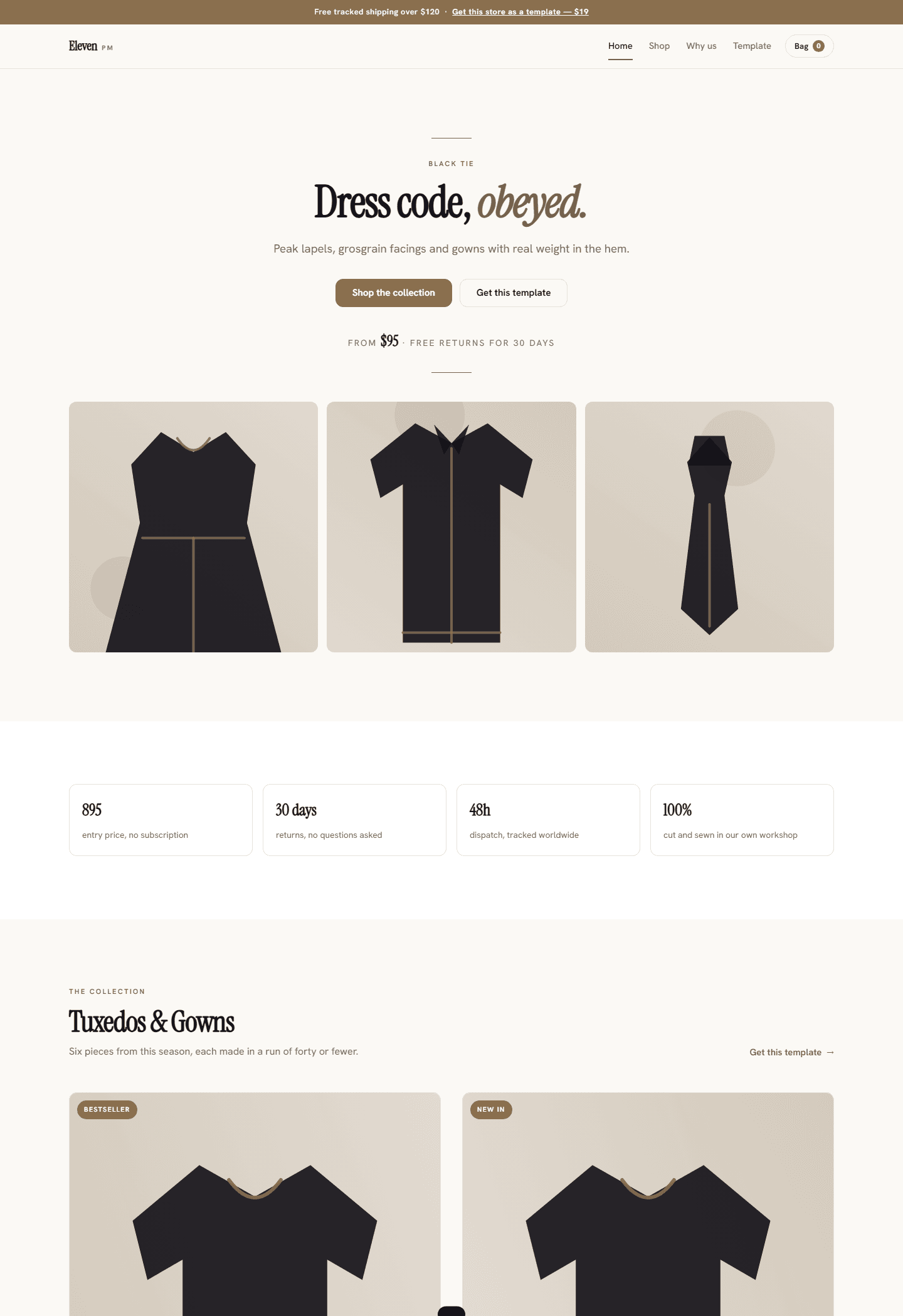 Minimal dark fashion ecommerce homepage for Eleven PM complete black tie store template with product tiles and