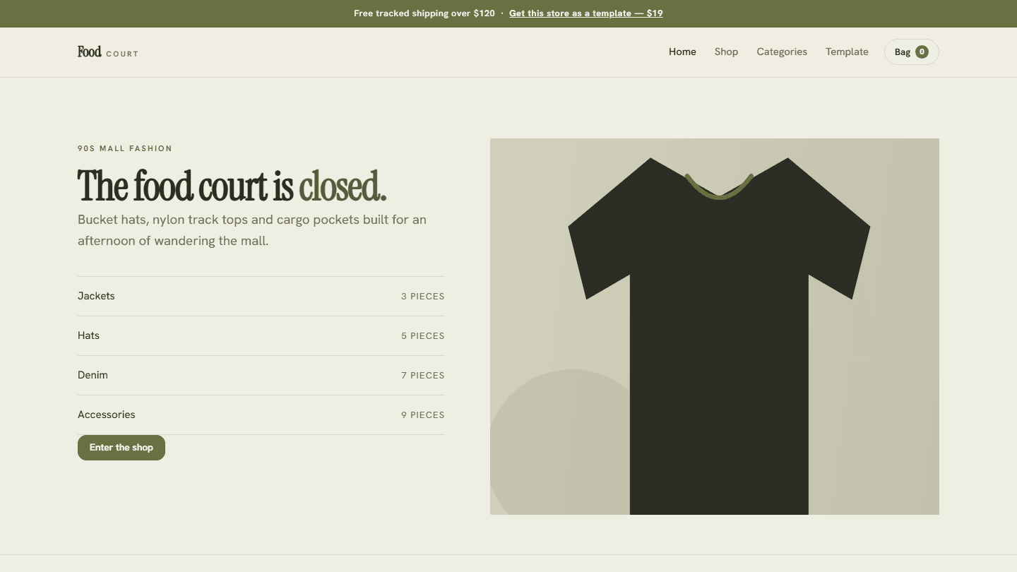 Nineties mall fashion ecommerce store template webpage with navigation, product categories, and a clothing shirt hero