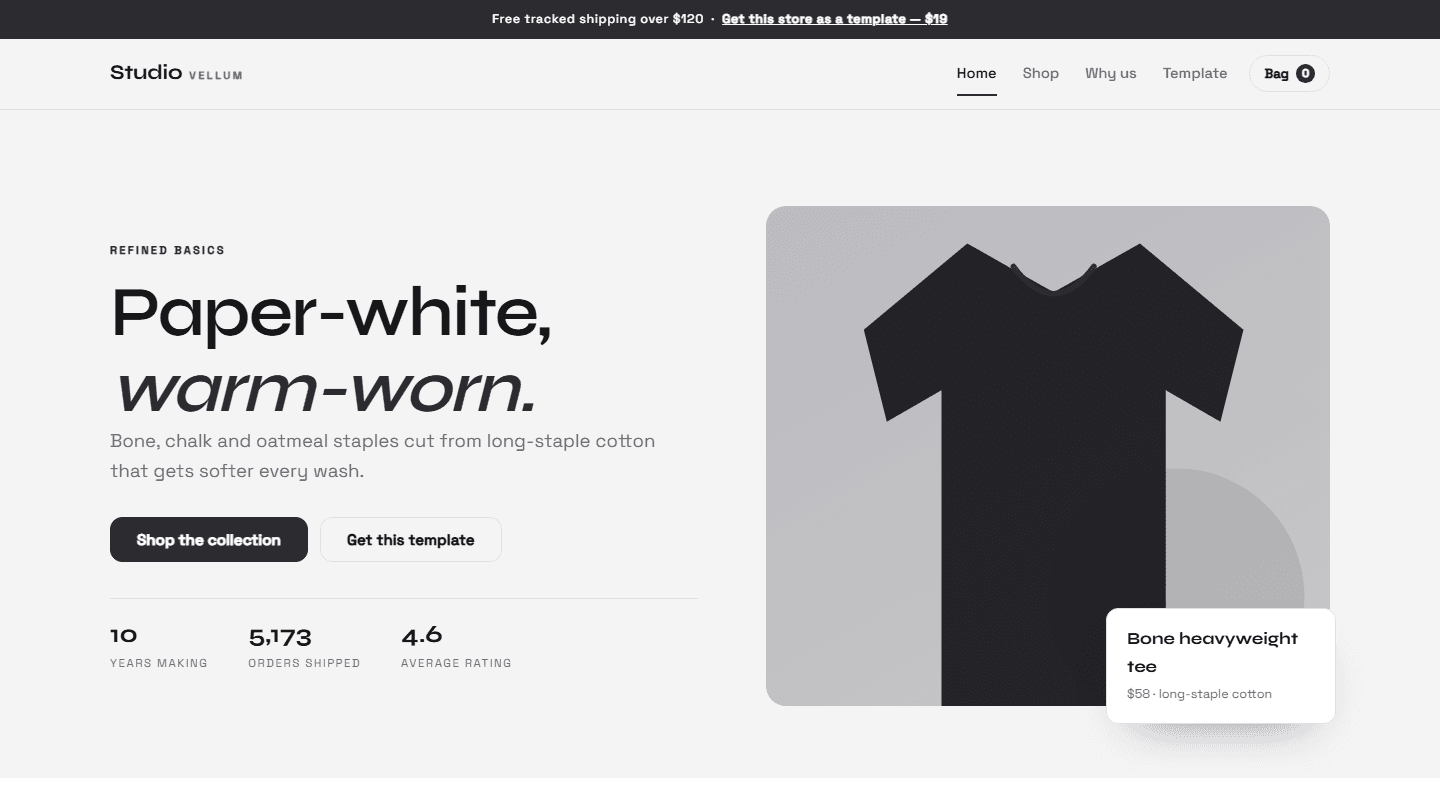 Studio Vellum refined basics store template webpage screenshot with hero section and product card layout HTML CSS JS