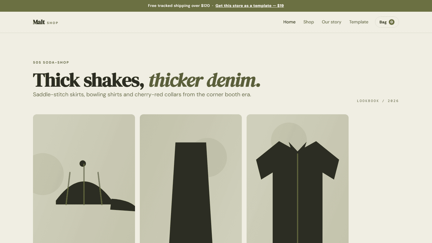 Malt Shop 1950s soda-shop HTML CSS JS store template webpage with header navigation and product cards