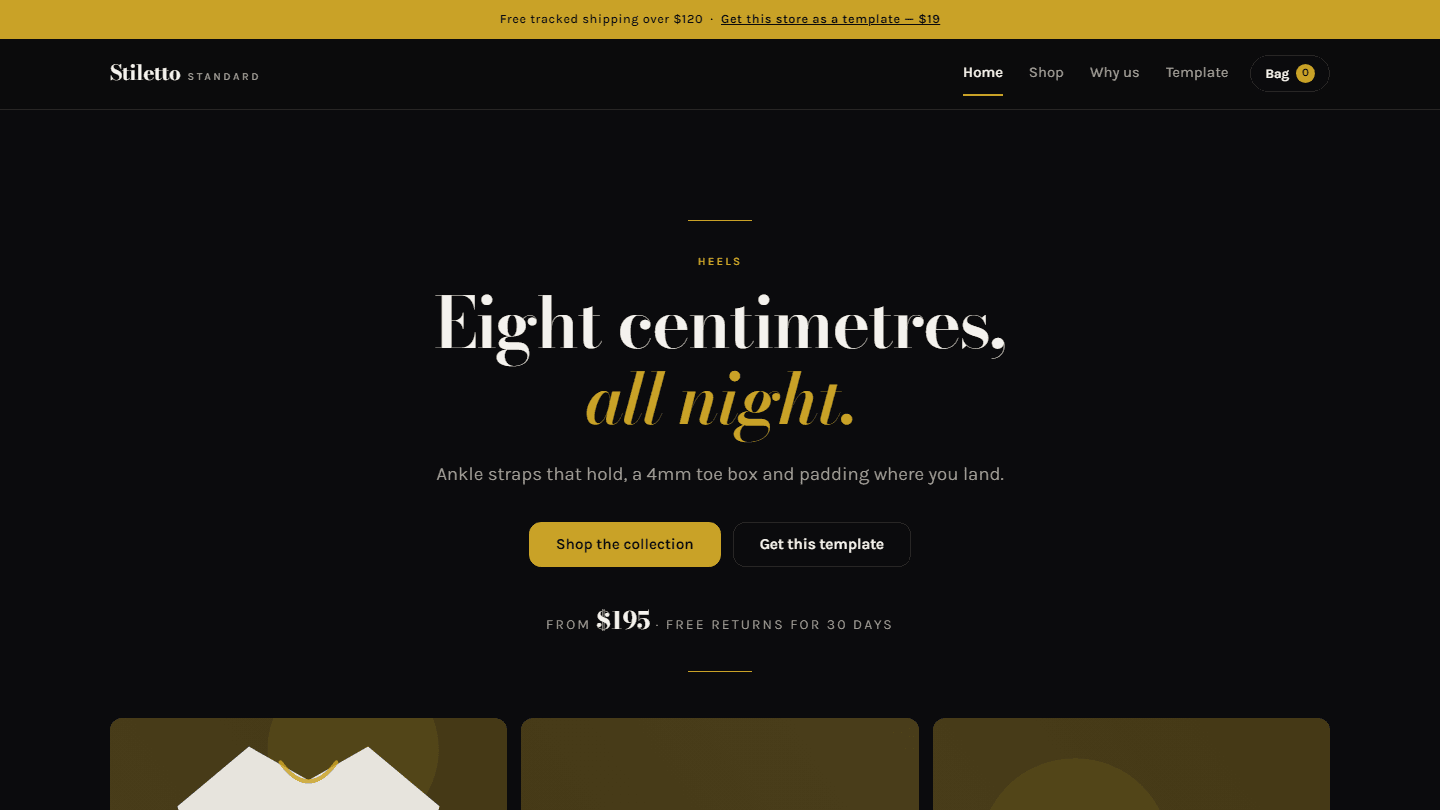 Dark landing page for a Stiletto Standard complete heels store HTML CSS JS template with navigation and hero text