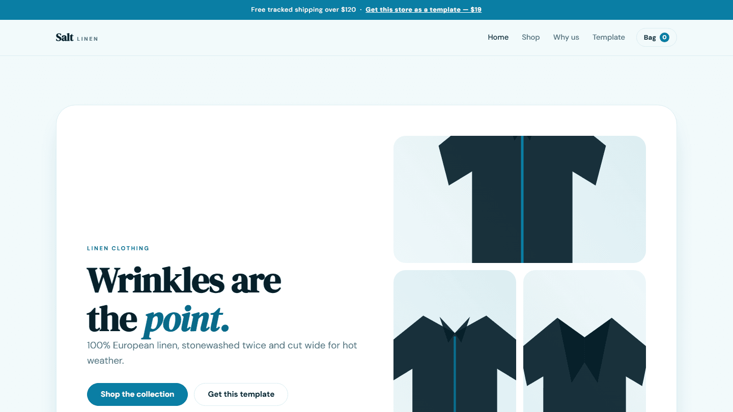 Salt Linen ecommerce store template homepage screenshot with hero text and clothing product cards in HTML CSS JS