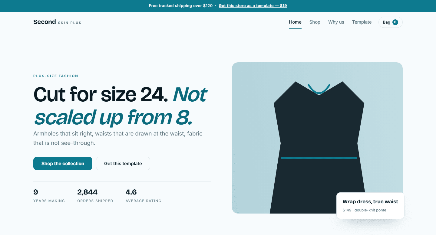 Second Skin Plus plus-size fashion store HTML CSS JS template homepage with dress graphic hero section and navigation