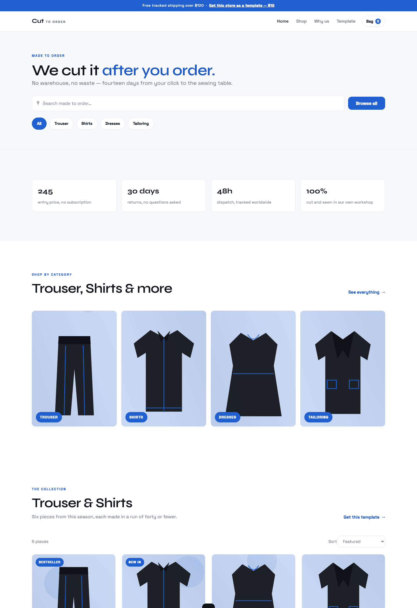 A made-to-order clothing store website template with product category tiles and navigation bar