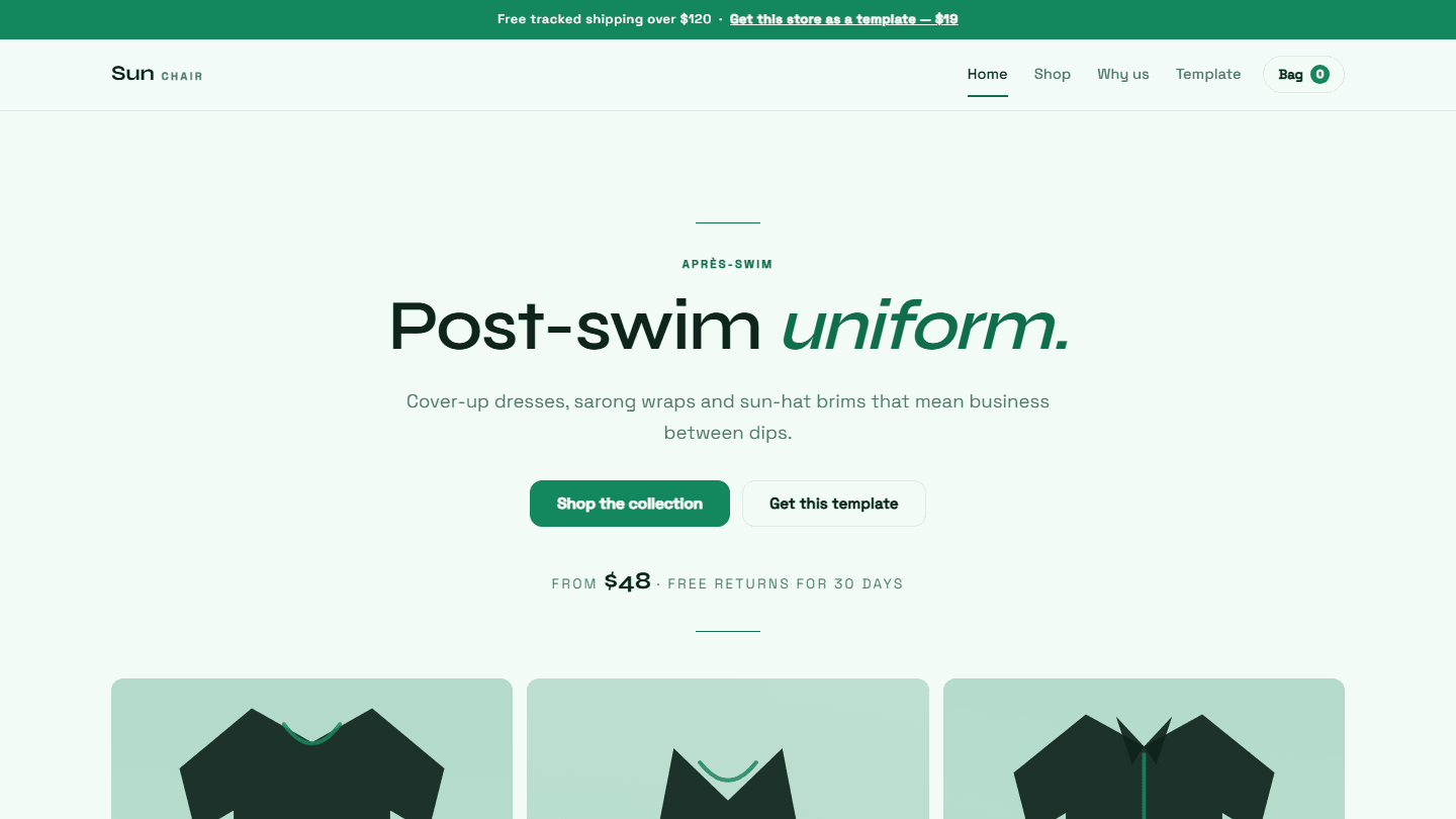 Sun Chair complete e-commerce store template screenshot with hero section, buttons, and product grid in HTML CSS JS