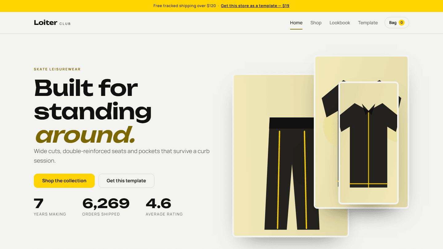 Loiter Club HTML CSS JS skate leisurewear store template homepage mockup with hero text, buttons, and product cards