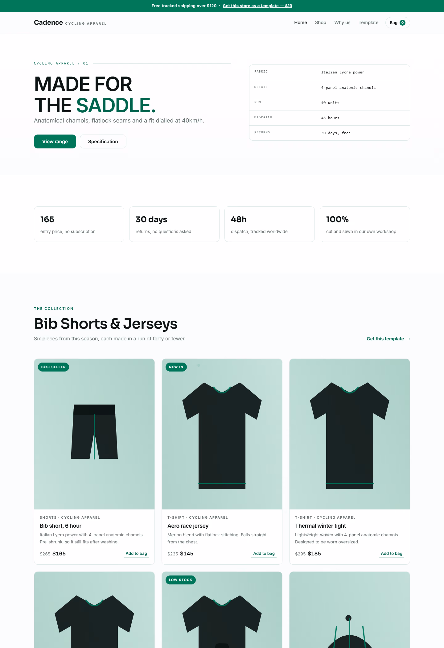 Cadence cycling apparel e-commerce store template webpage with product hero section and apparel cards for shorts and