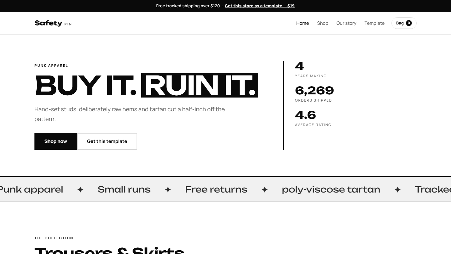 Punk apparel e-commerce store webpage template design with safety pin branding, stats, and shop buttons