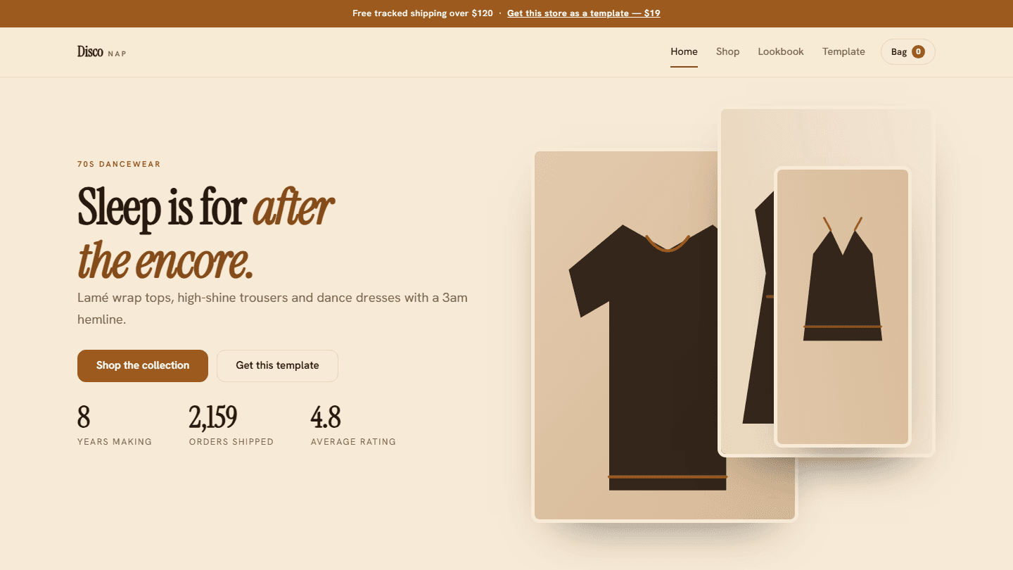 Disco Nap 70s dancewear online store template webpage mockup with navigation and clothing product cards
