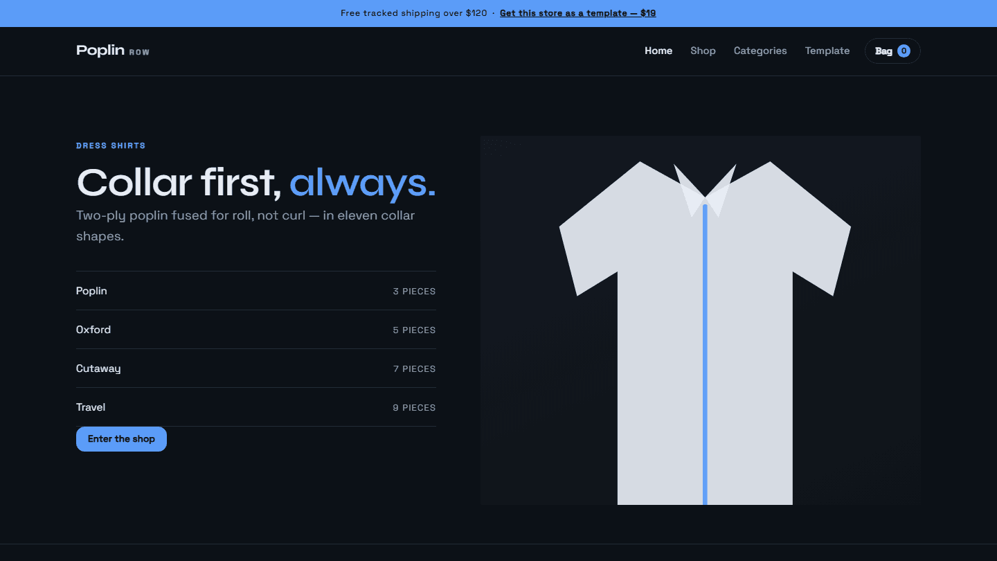 Dark web store template webpage for a dress shirt poplin collection with header, categories, and product graphic of a