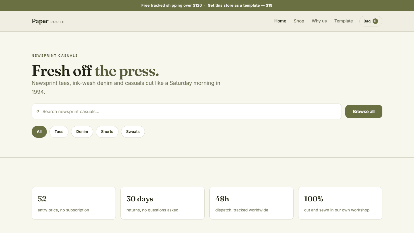 Paper Route HTML CSS JS store template webpage header with search bar, category filters, and product feature cards