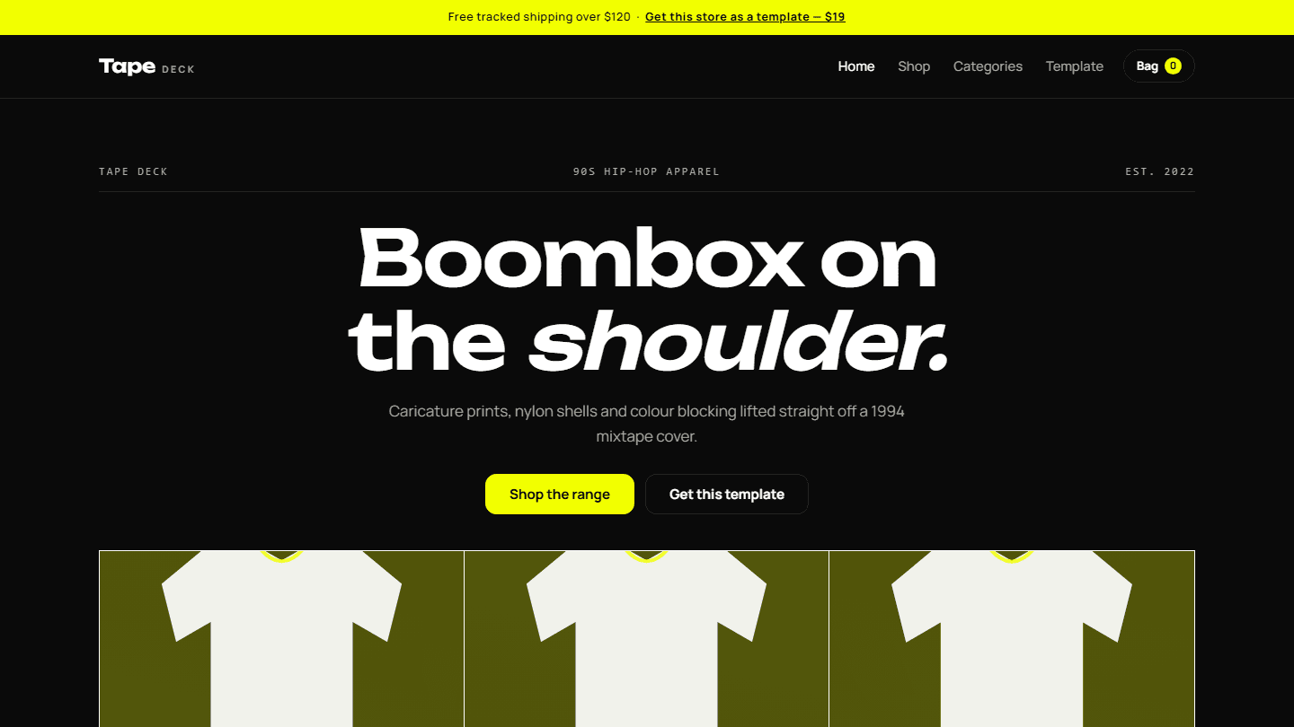 Dark 90s hip-hop apparel store website template hero banner with navigation and product grid preview
