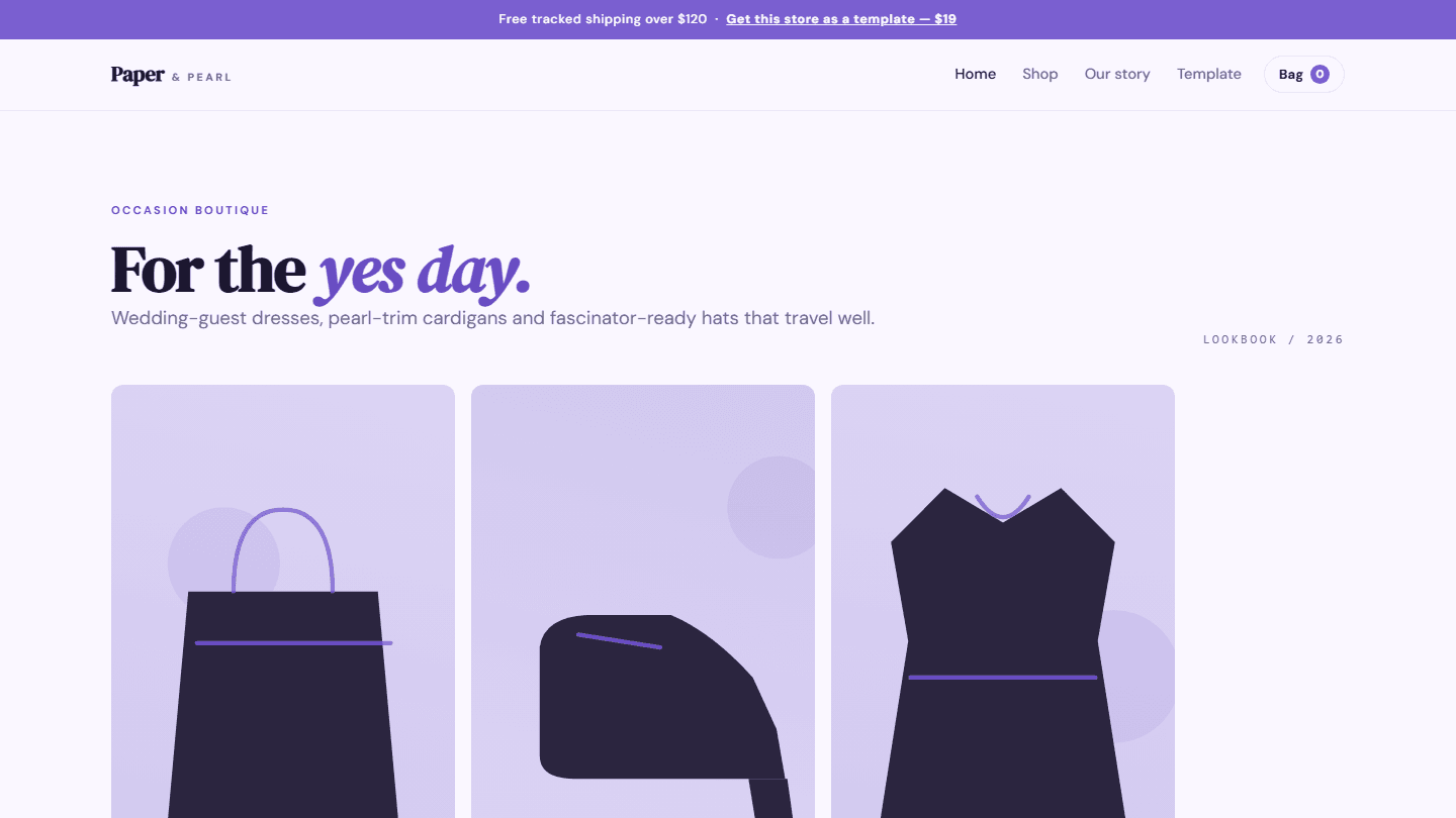 Online boutique website storefront template in HTML CSS JS showing a hero section and product cards