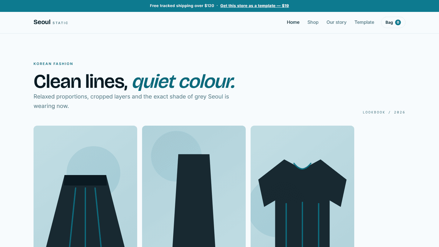 Seoul Static Korean fashion e-commerce store template webpage with navigation bar and product preview cards in HTML CSS