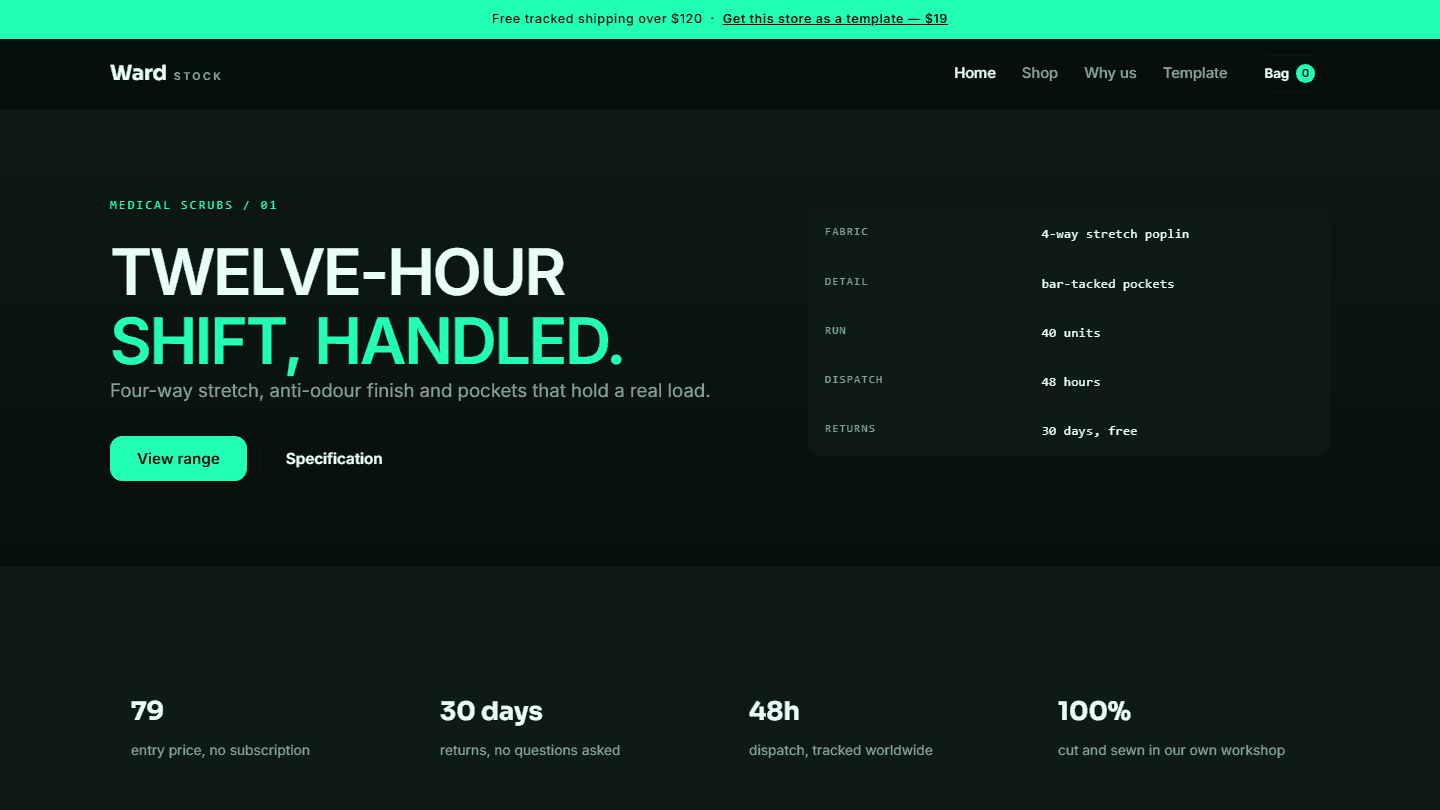 Ward Stock medical scrubs e-commerce store template homepage with hero section and specifications in HTML CSS JS preview