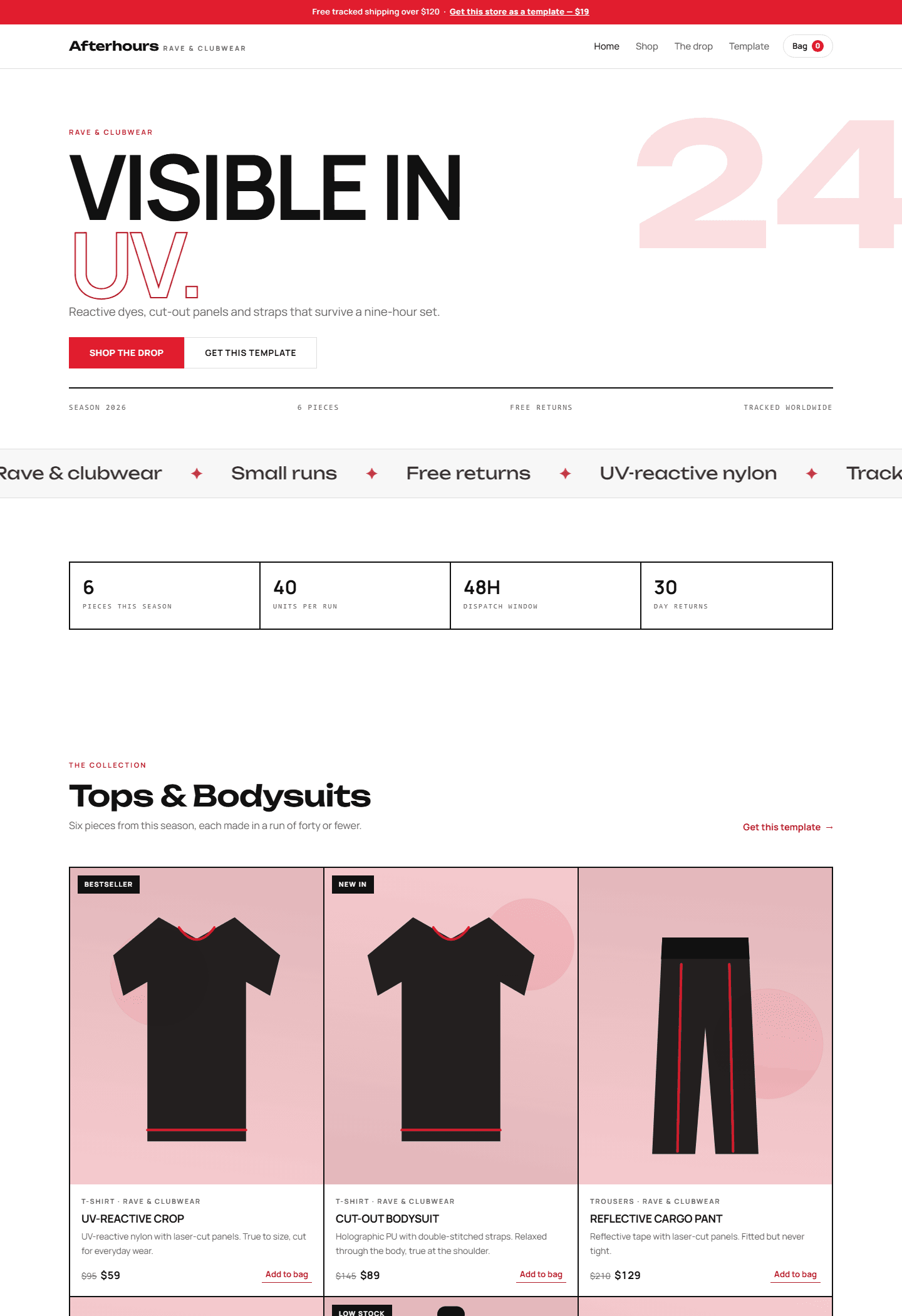 Afterhours rave and clubwear ecommerce store template website screenshot with product cards and navigation bar HTML CSS